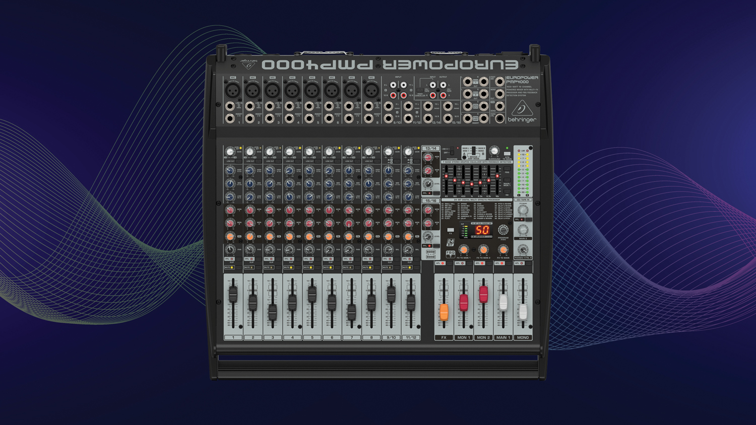 Behringer Europower PMP4000 1600W 16-Channel Powered PA Mixer with Multi-FX Processor and Feedback Eliminator Behringer Europower PMP4000 1600W 16-Channel Powered PA Mixer with Multi-FX Processor and Feedback Eliminator