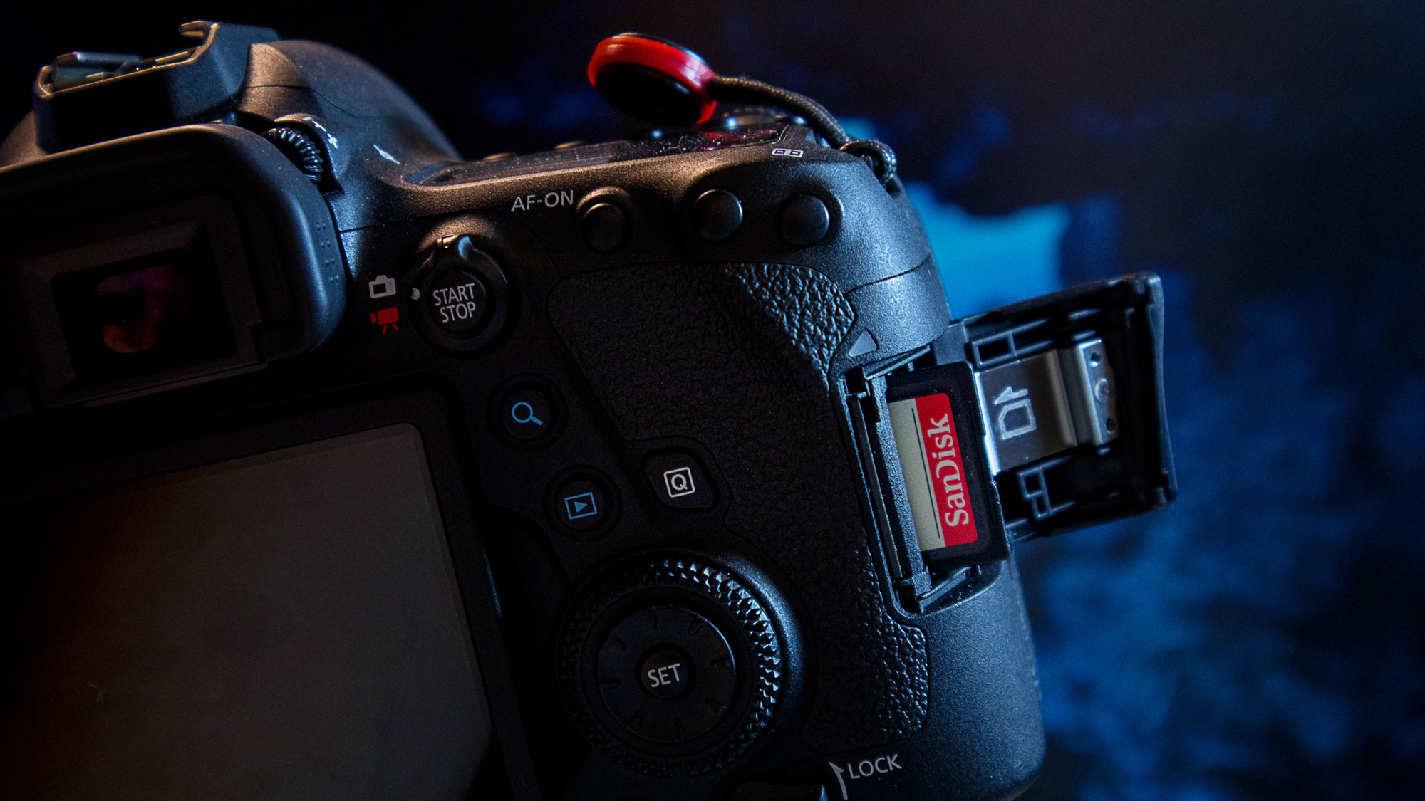 SanDisk SD card sticking out of the camera slot